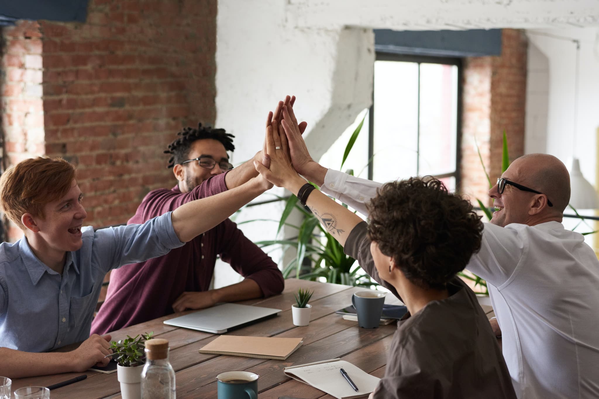 A collaborative team in a bright workplace